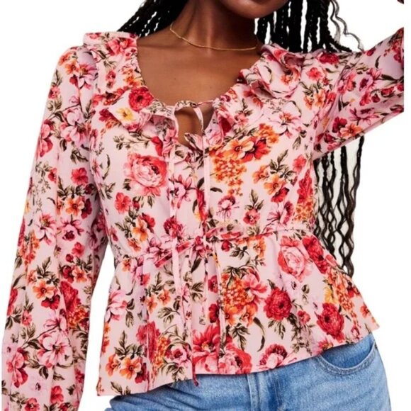 Old Navy Size L "Bed of Flowers" Pink Floral Ruffle Trim Blouse, NEW with Tag - Picture 2 of 16